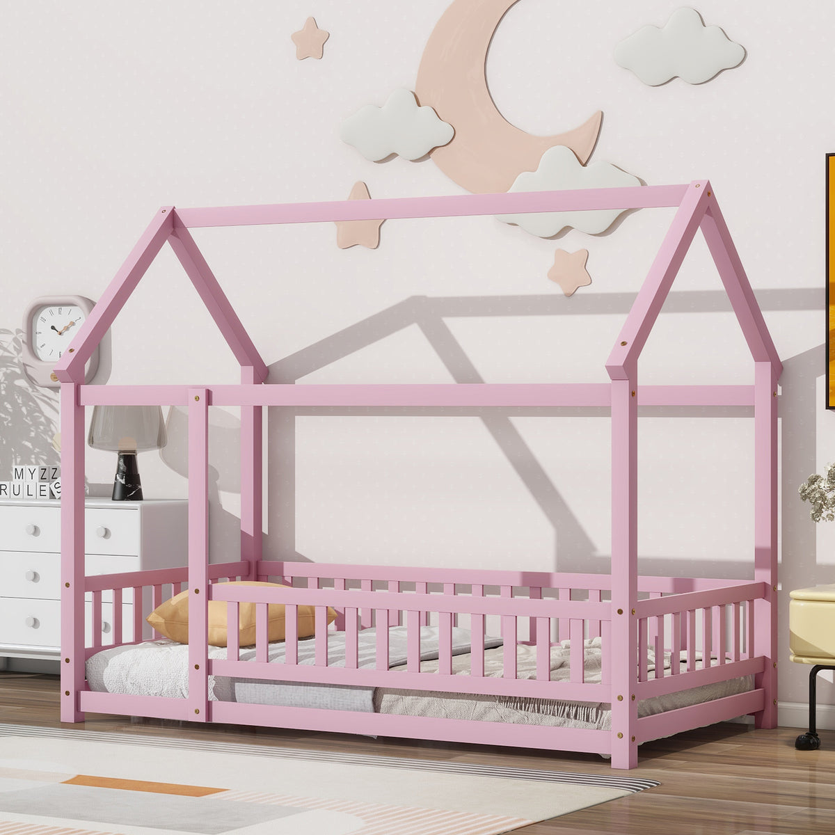 Twin Floor Bed with Fence Guardrails Pink