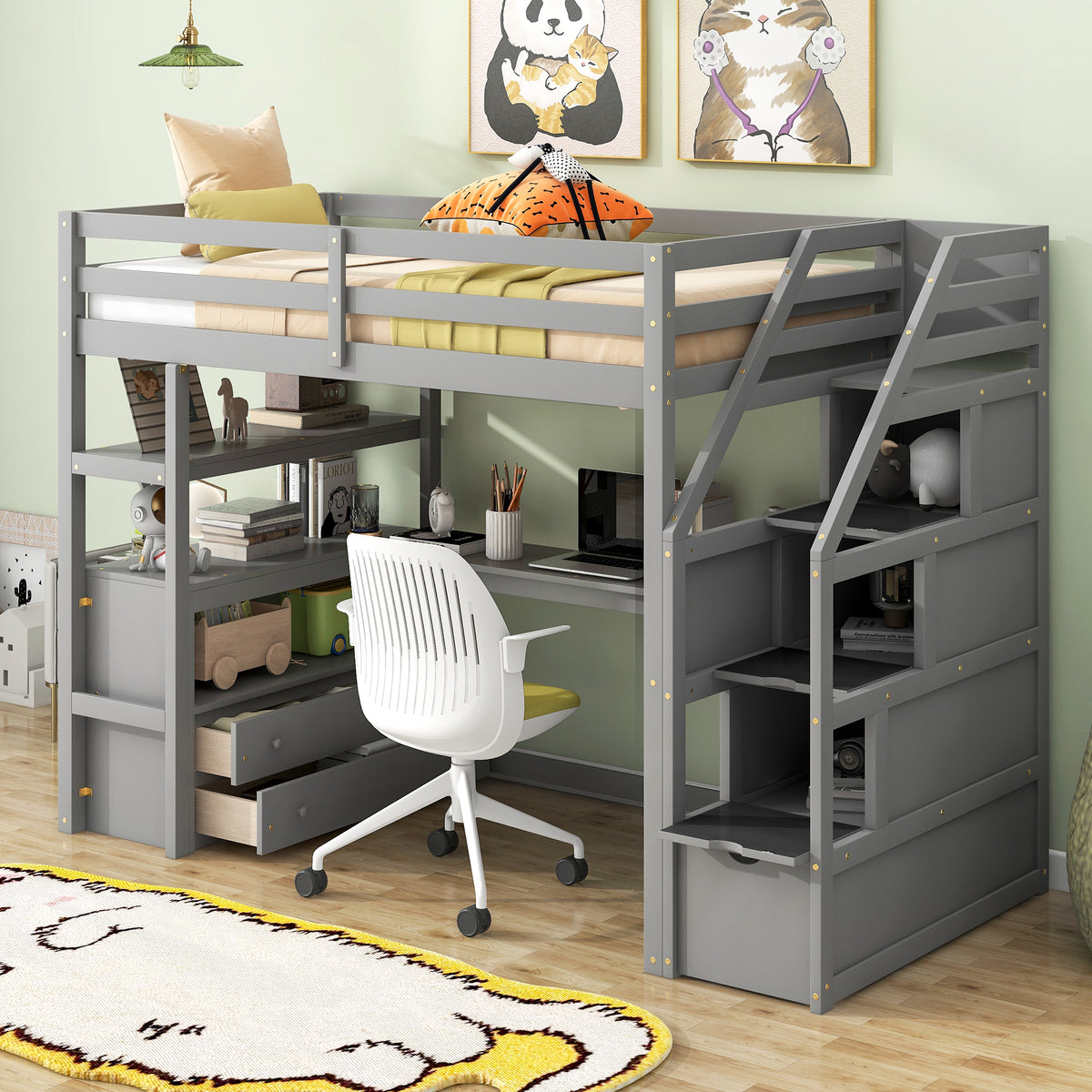 Twin Loft Bed with Storage Gray