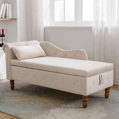 Beige Chaise Lounge with Storage and Pillow
