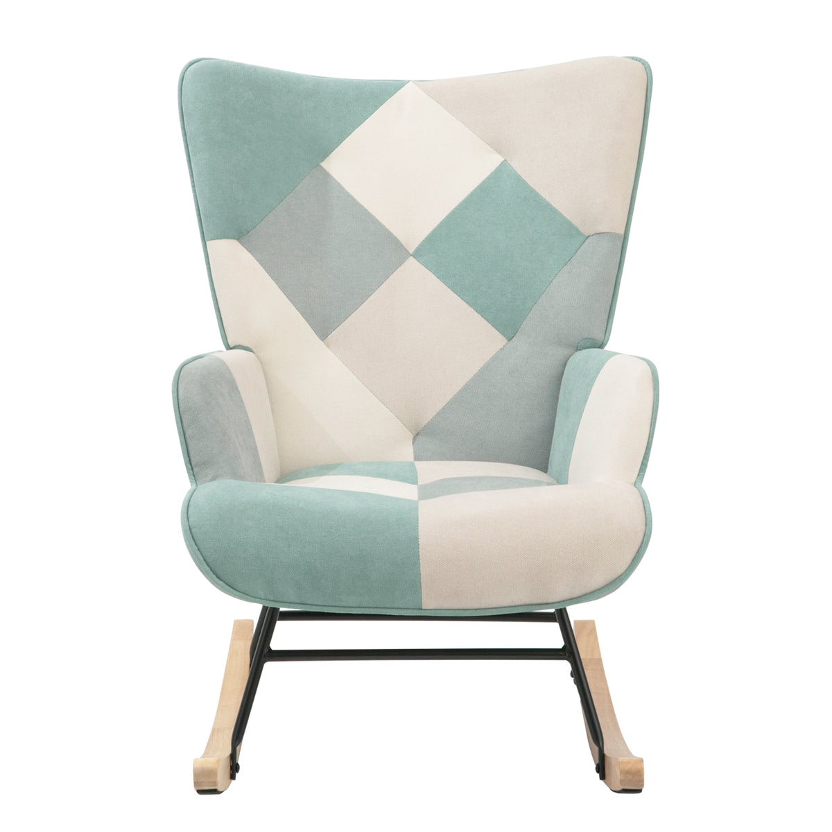 Mid-Century Patchwork Rocking Chair with Ottoman – Linen Fabric
