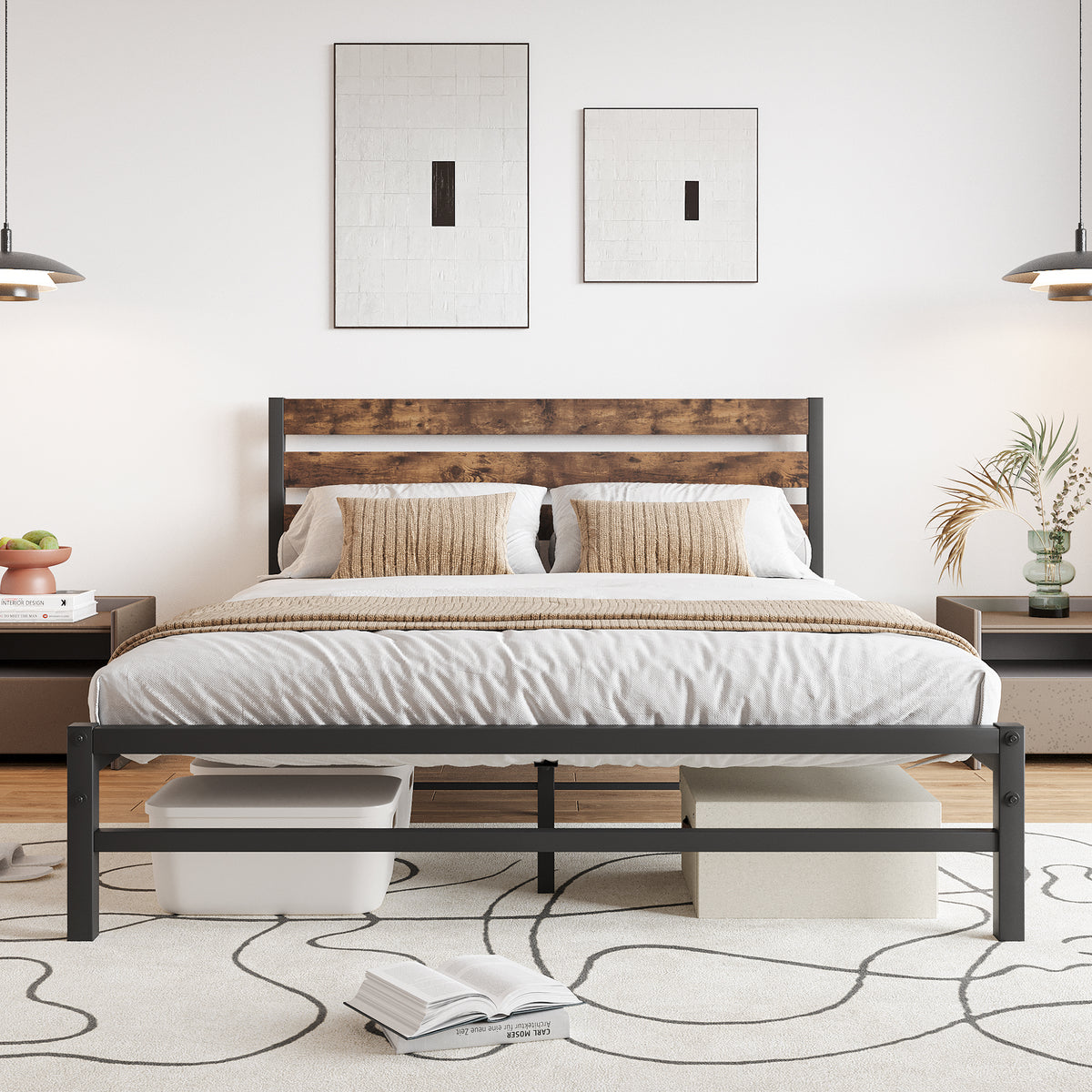 Queen Platform Bed with Rustic Wood Headboard Brown