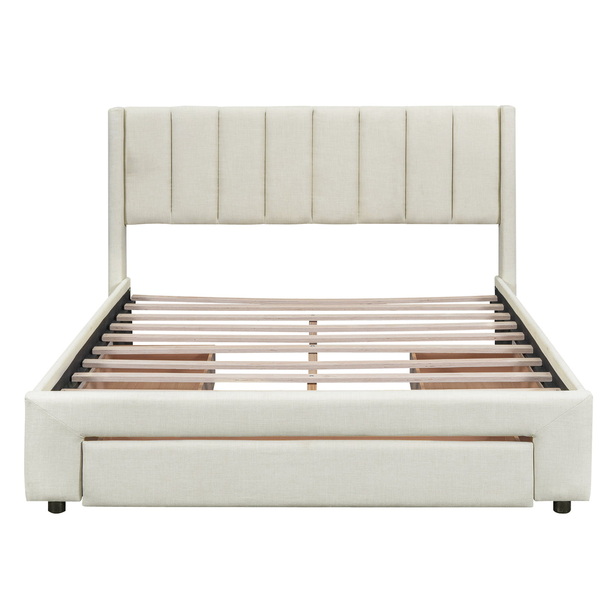 Upholstered Platform Bed with Drawers Beige