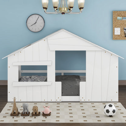 Full Wood Bed with Roof Frame White
