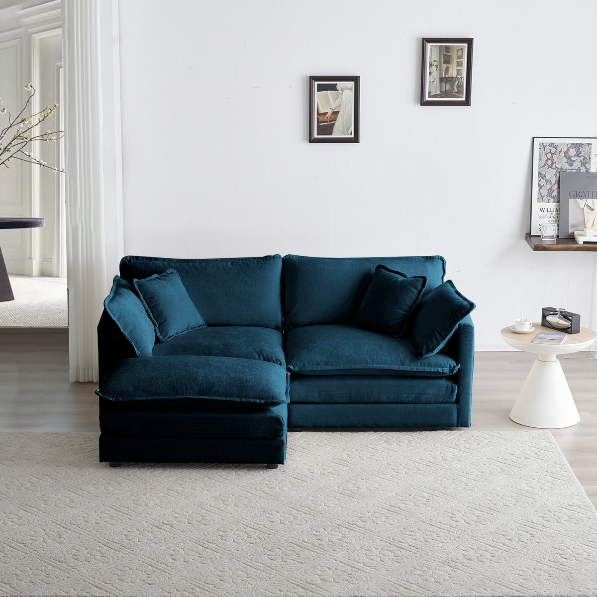 Chenille Sectional Sofa with Ottoman Blue