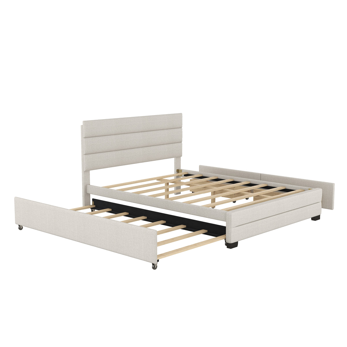 Queen Upholstered Bed with Twin Size Trundle Beige