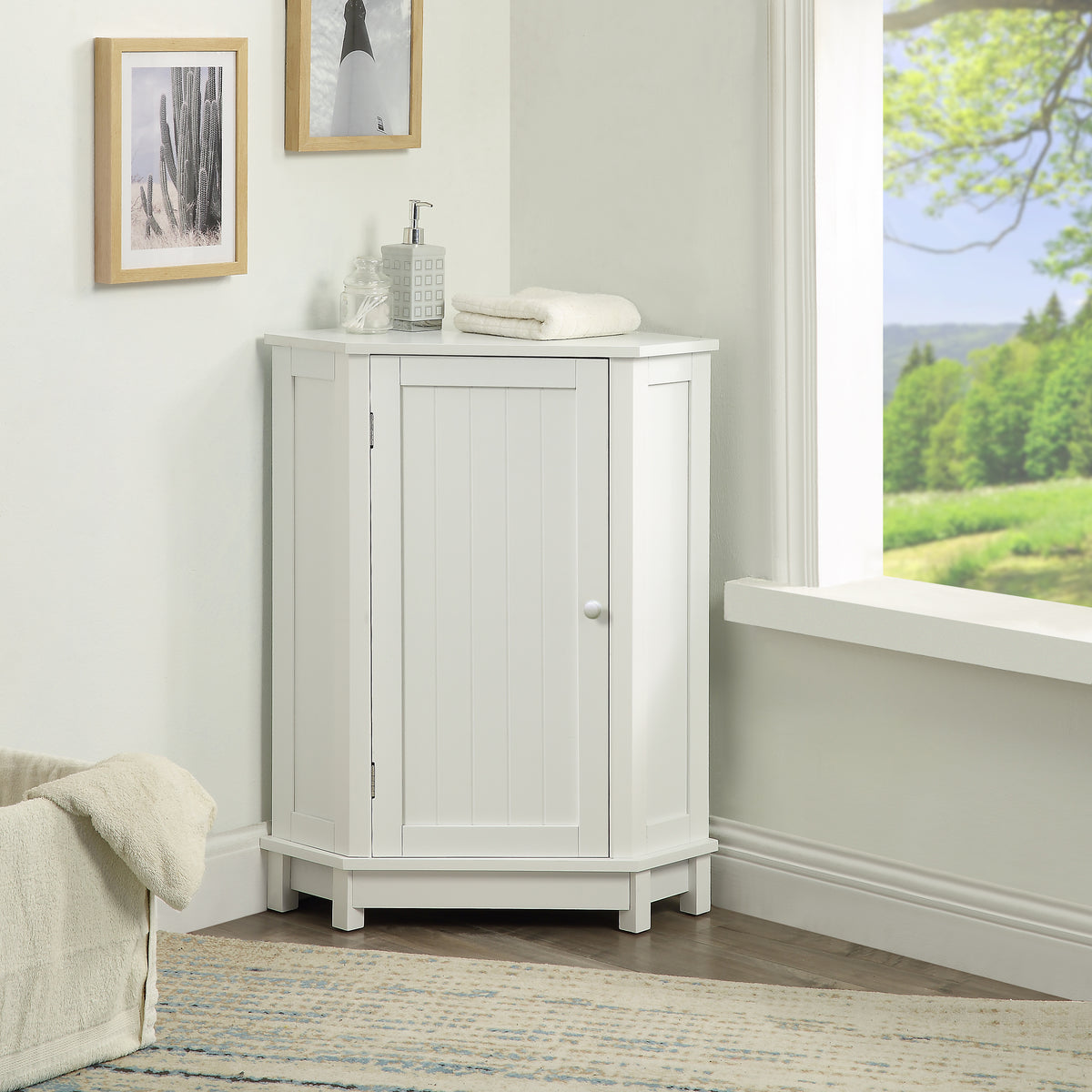 White Corner Bathroom Storage Cabinet Adjustable Shelves