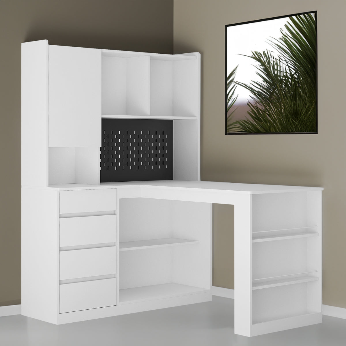 L-Shaped Office Desk with Bookshelf and Storage