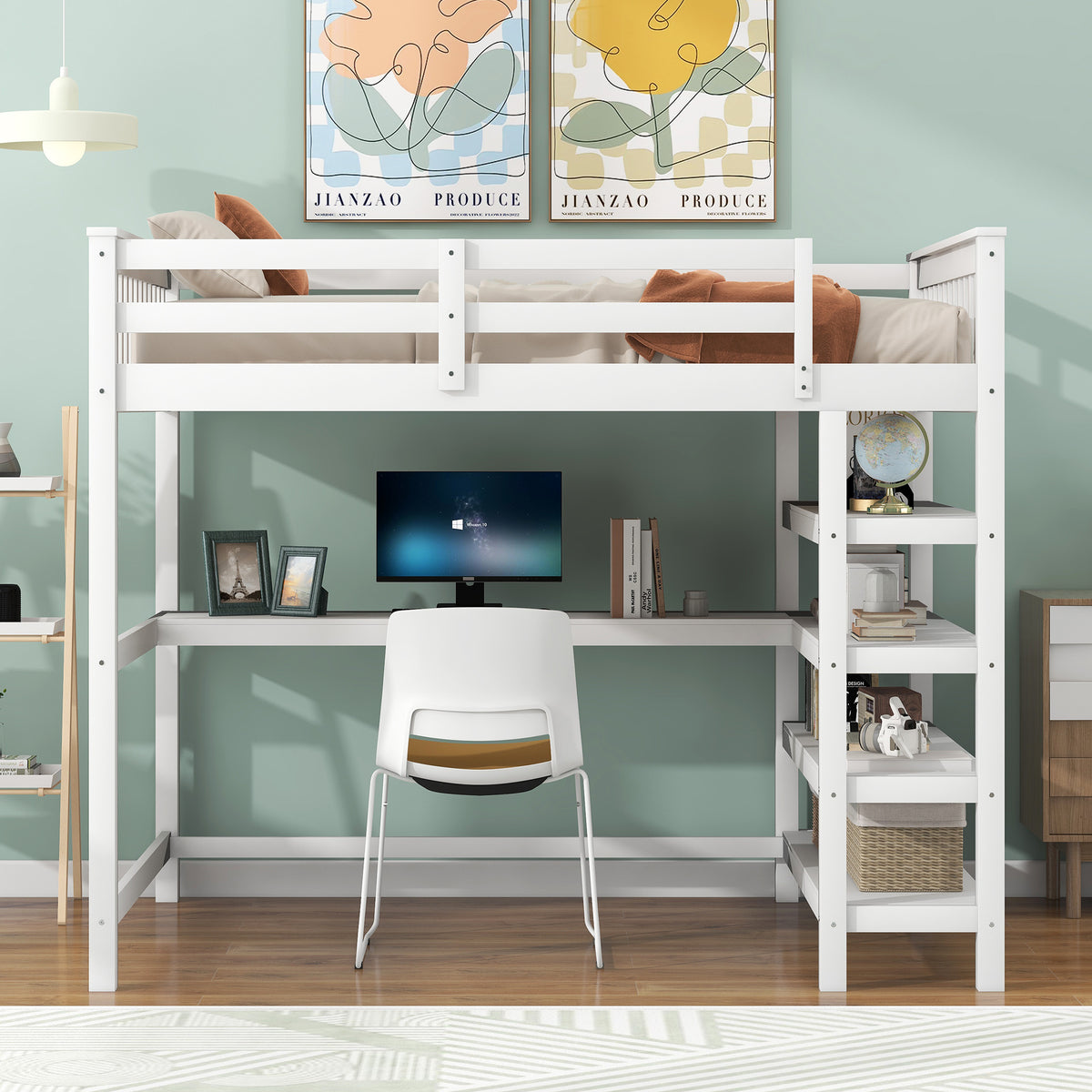 Full Loft Bed with Storage Desk – White