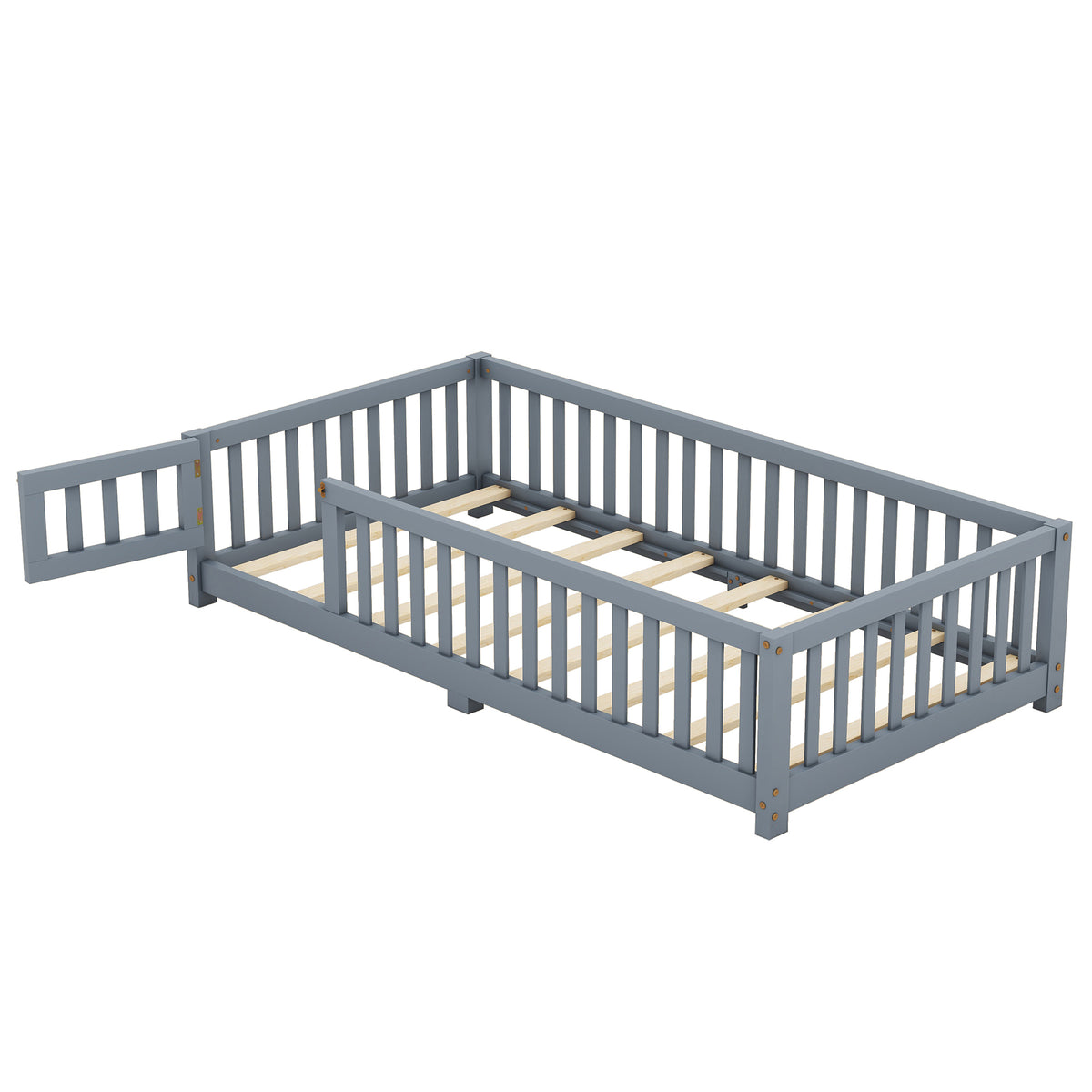 Twin Kids Bed Frame with Safety Rails – Gray