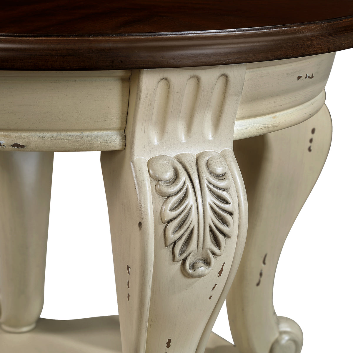 Antique White Round End Table – 22" Solid Rubberwood with Cabriole Legs & Shelf