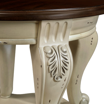 Antique White Round End Table – 22" Solid Rubberwood with Cabriole Legs & Shelf