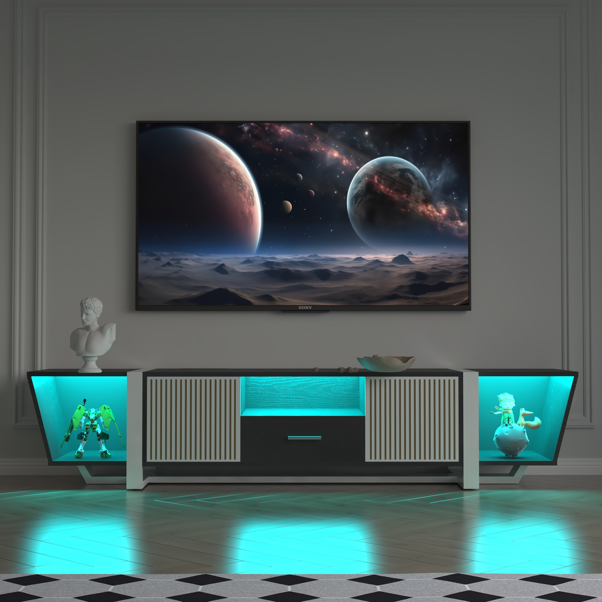 LED TV Console with Storage Cabinet Black