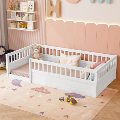 Wood Floor Twin Bed with Fence White