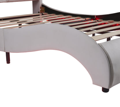 Queen Faux Leather Platform Bed with LED White