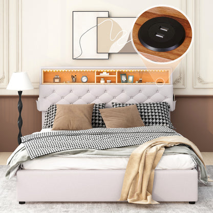 Queen LED Upholstered Storage Bed – Beige