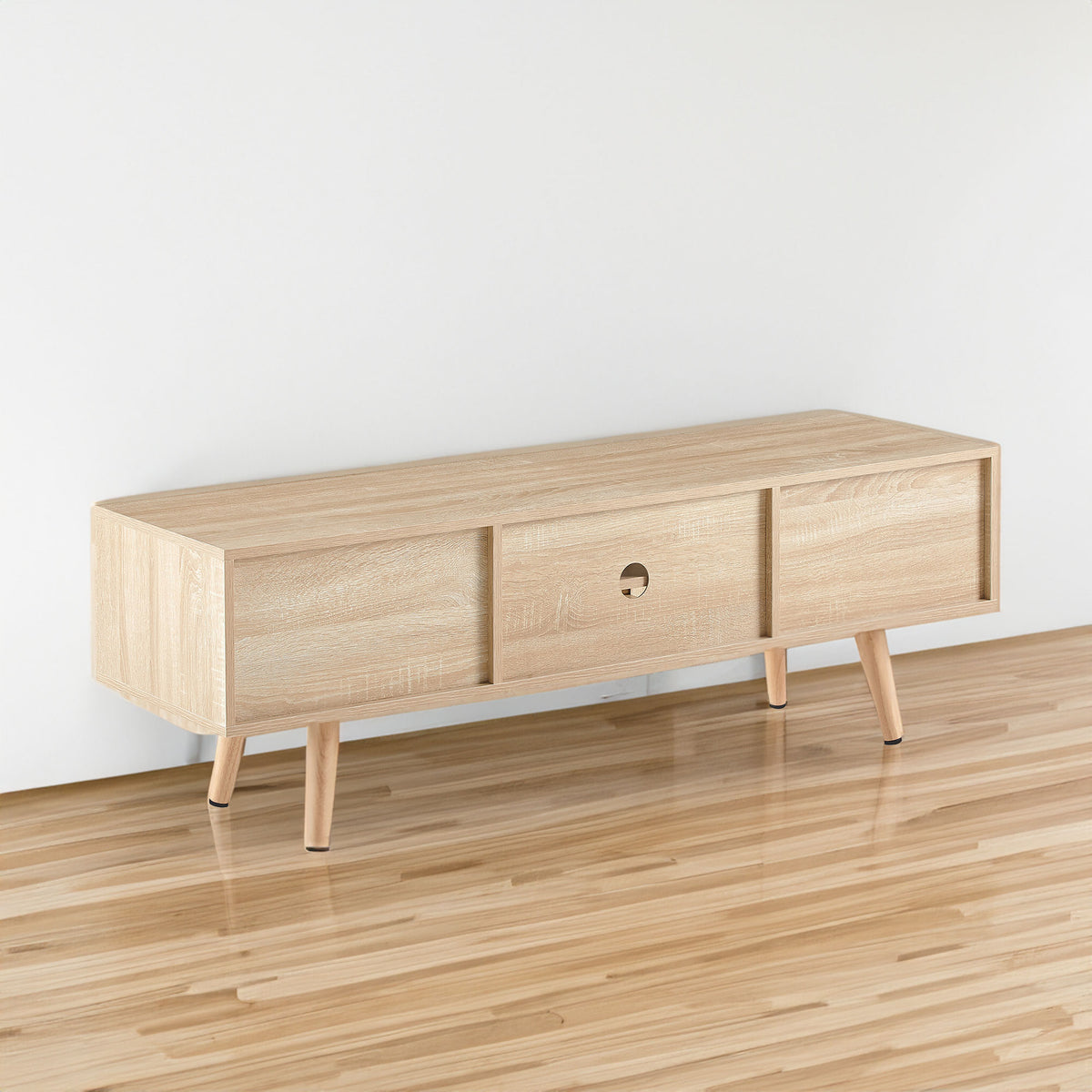 Rattan Wood TV Console – Adjustable Doors, Natural Finish