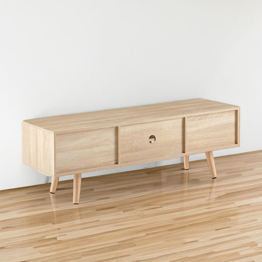 Rattan Wood TV Console – Adjustable Doors, Natural Finish