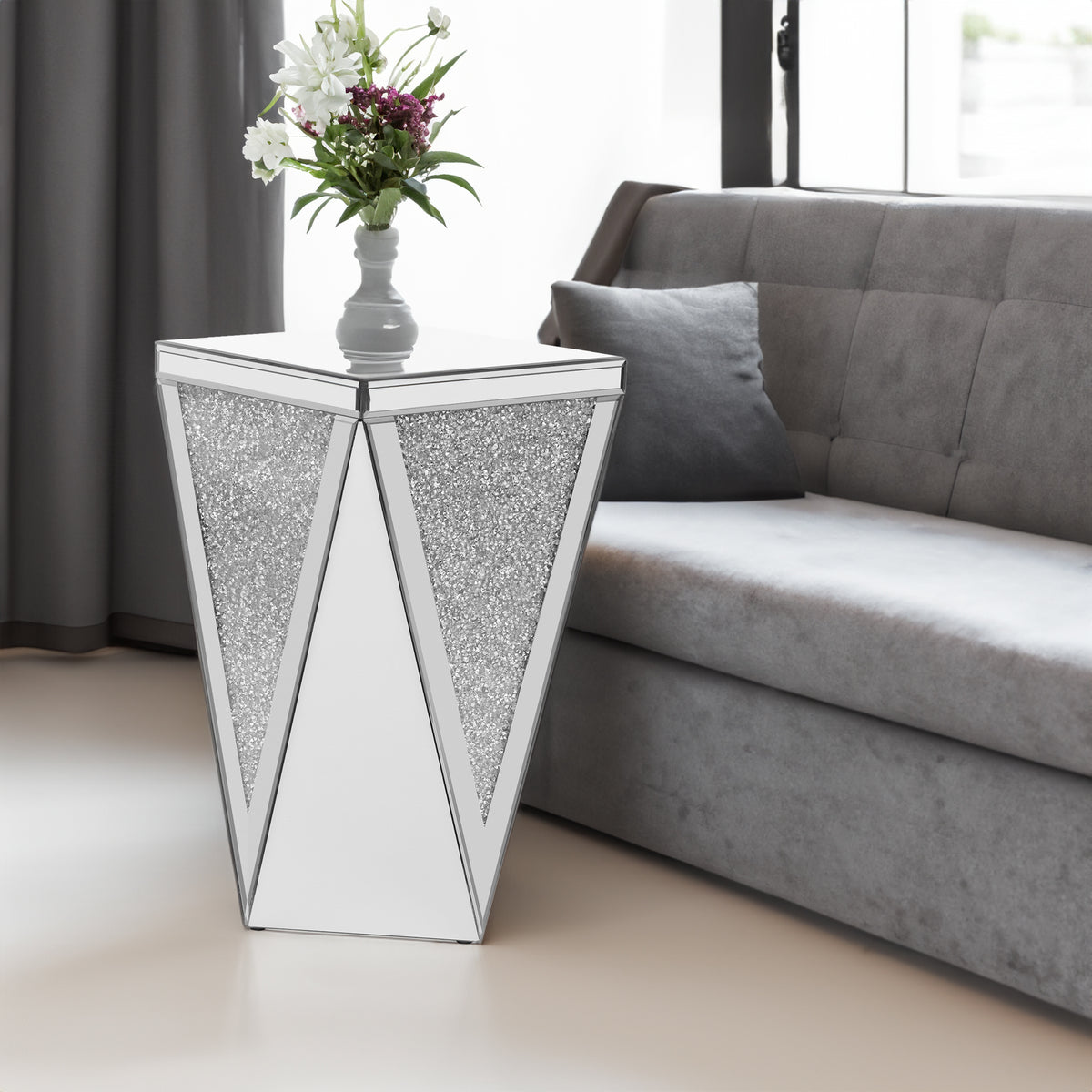 Silver Mirrored End Table with Crushed Diamond Base