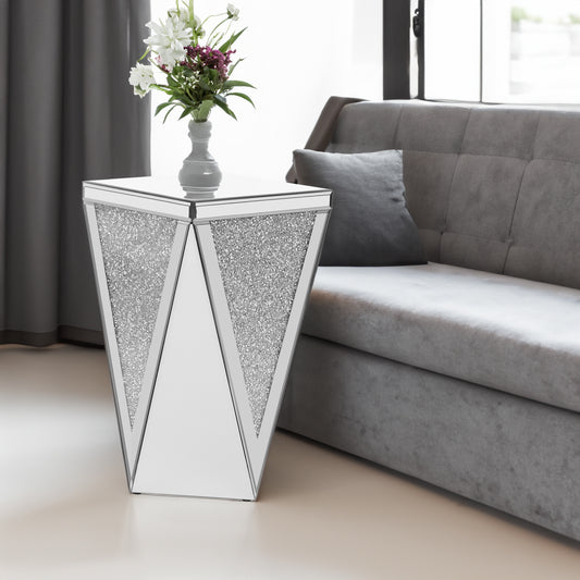 Silver Mirrored End Table with Crushed Diamond Base