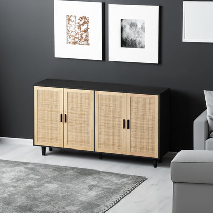 62-Inch Black Rattan 4-Door Storage Cabinet