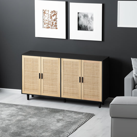 62-Inch Black Rattan 4-Door Storage Cabinet