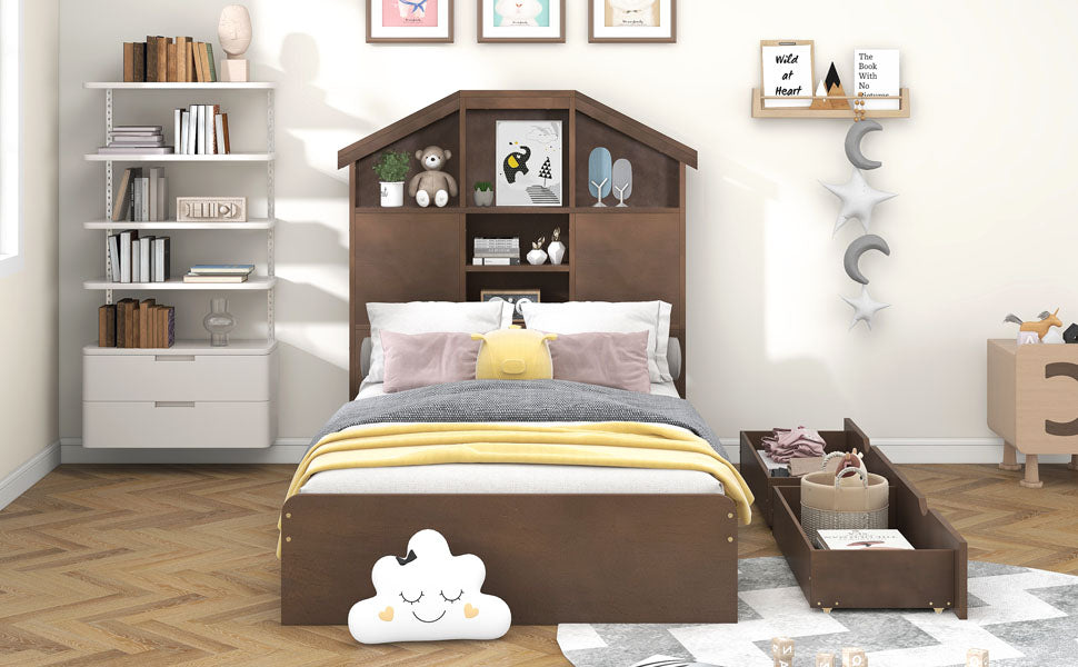 Twin Platform Bed with Storage Drawers Walnut
