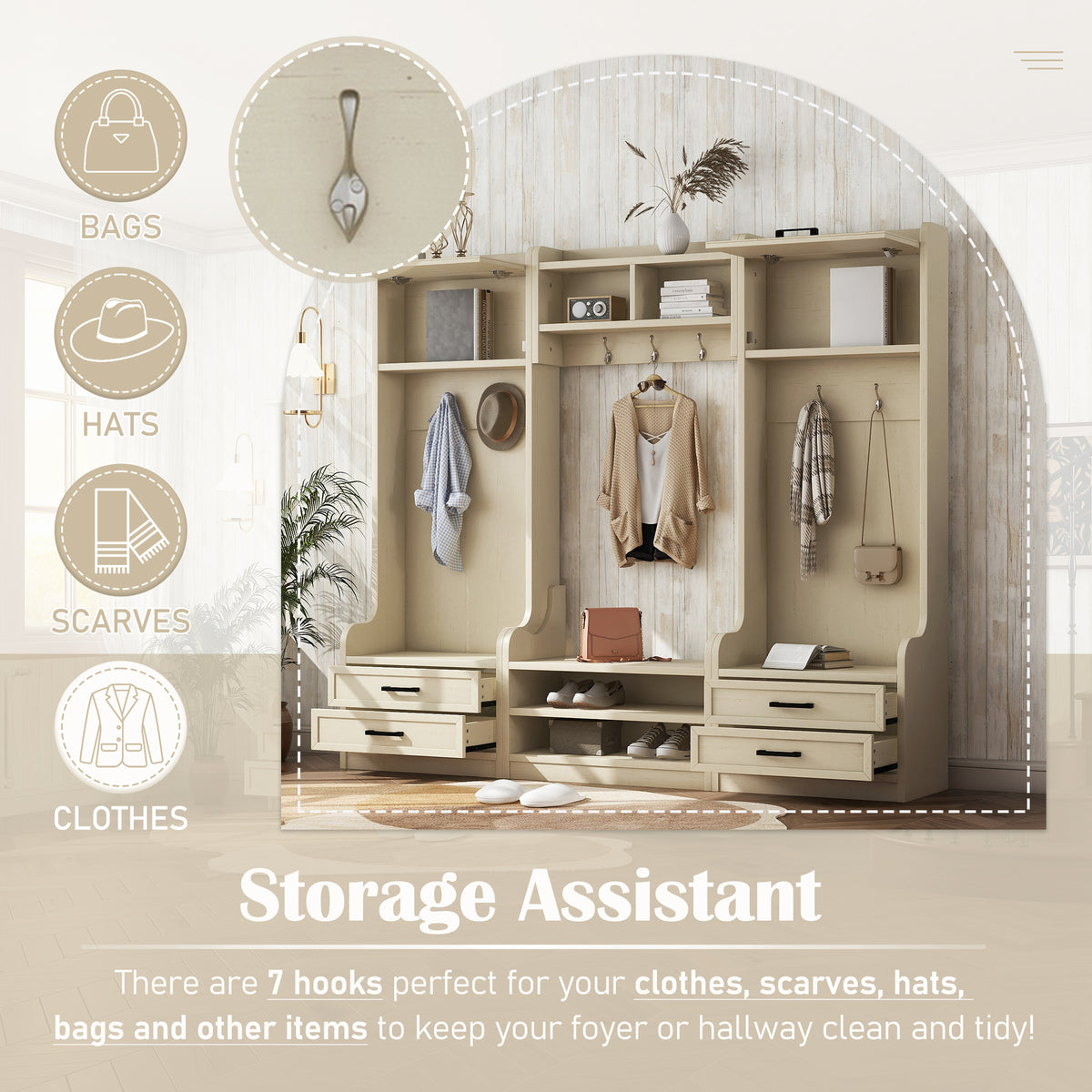 Hall Tree Cabinet Beige