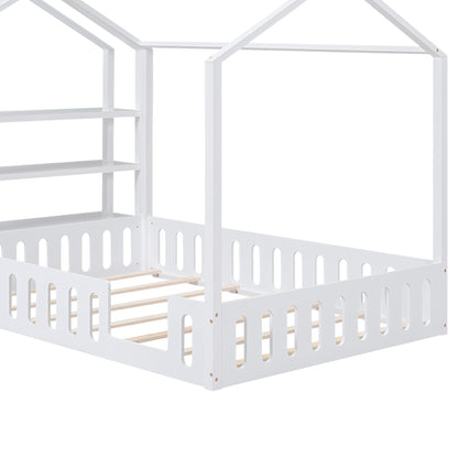 Full Platform Bed with Storage Shelves White