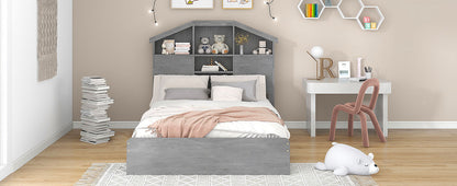 Full Platform Bed with Storage Headboard Gray