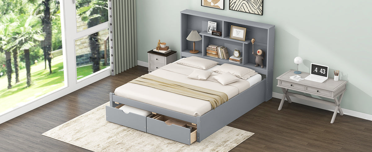 Queen Platform Bed with Storage Drawers Gray