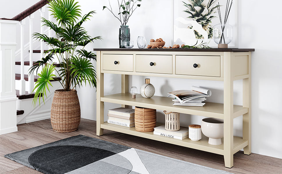 Beige Wood Console Table – Espresso Accents