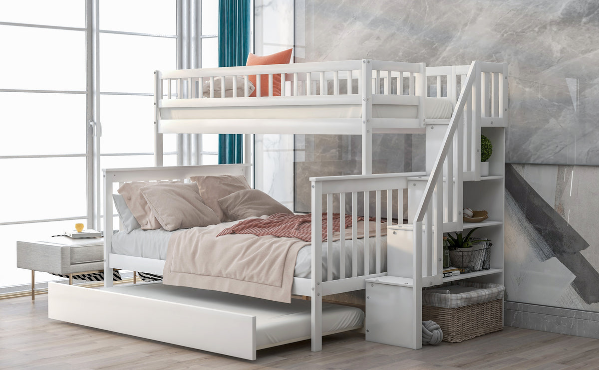 Twin Over Full Bunk Bed with Staircase White
