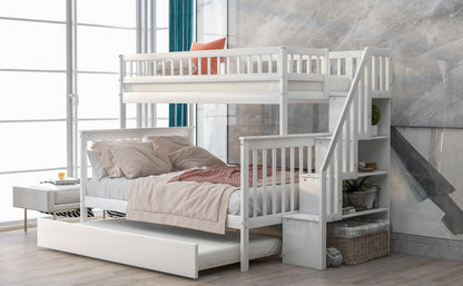 Twin Over Full Bunk Bed with Staircase White