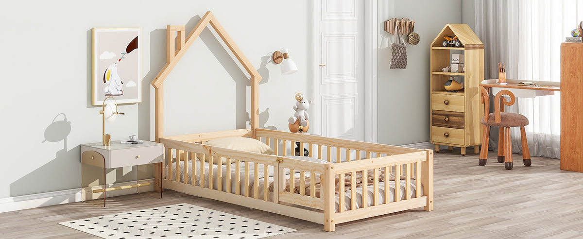 Metal House Floor Bed with Fence – Natural