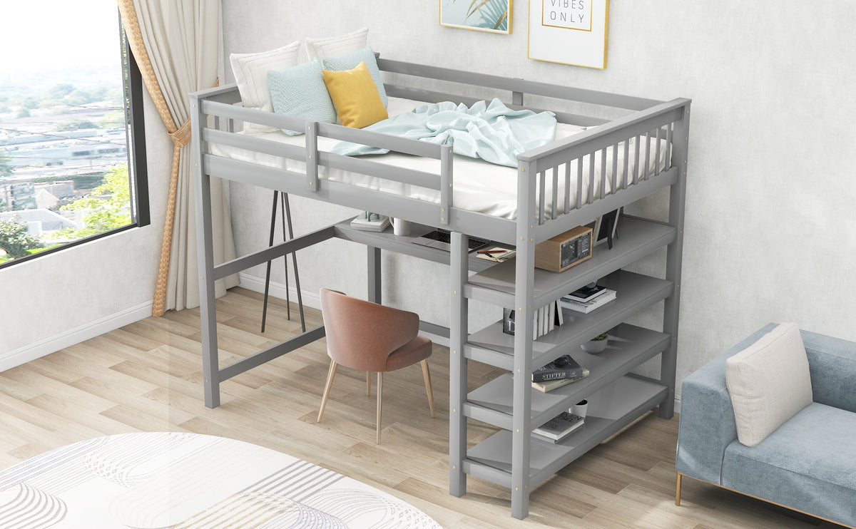 Full-Size Loft Bed with Desk and Drawers Gray