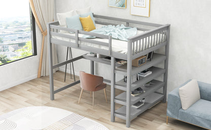 Full-Size Loft Bed with Desk and Drawers Gray