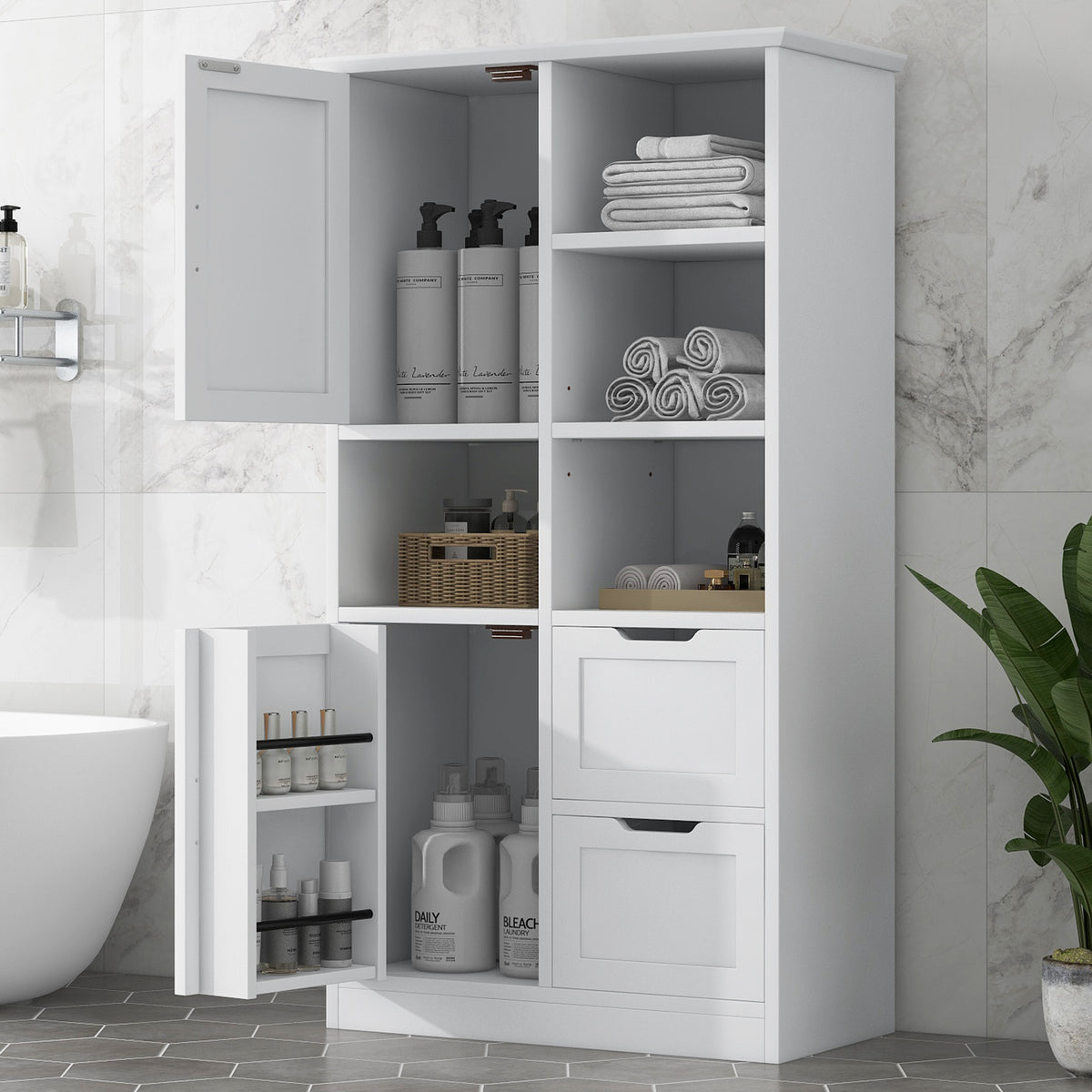 White Bathroom Storage Cabinet with Adjustable Doors