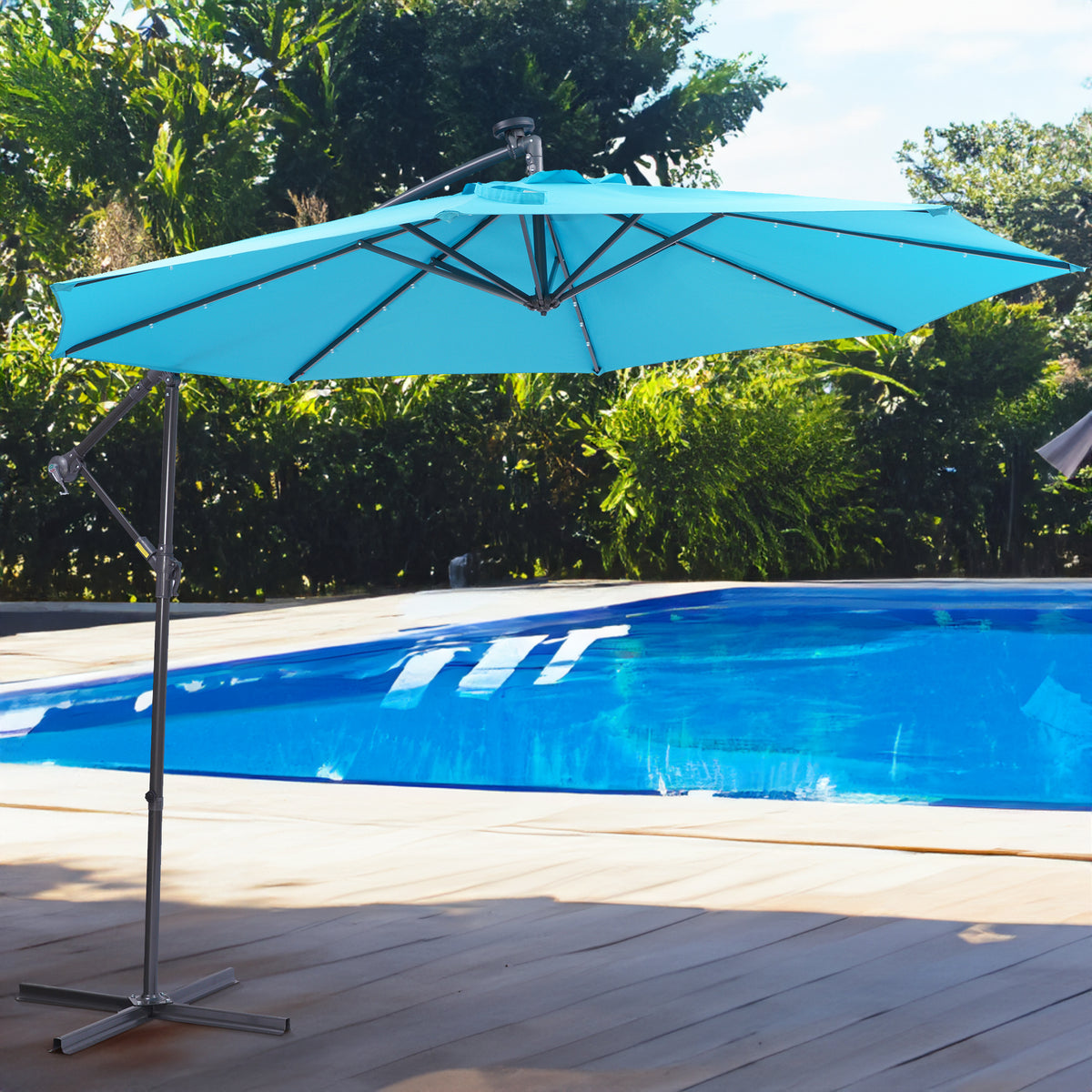 Blue 10ft Solar LED Patio Umbrella – 32 Lights with Crank & Tilt System