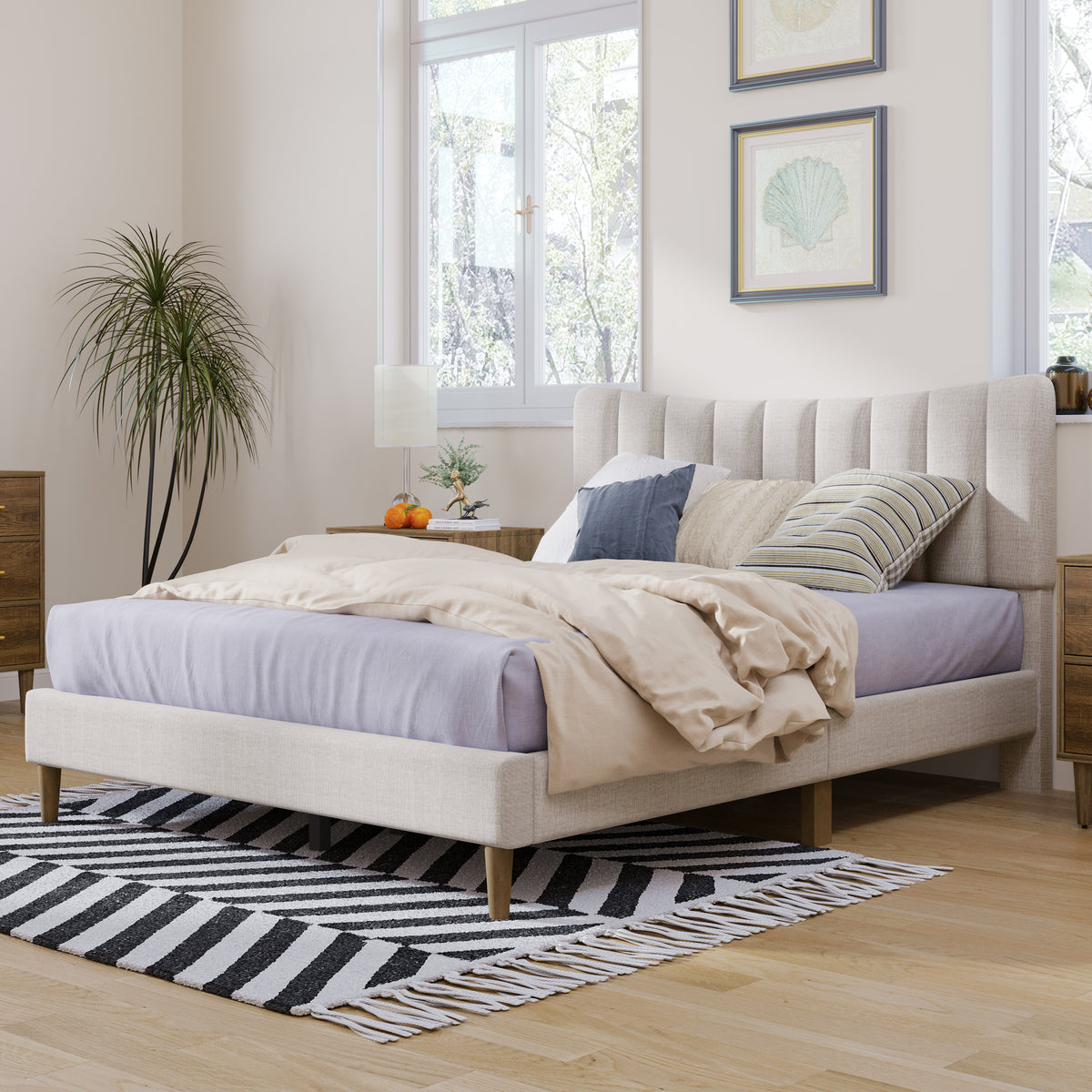 Upholstered Platform Bed with Channel Headboard Cream