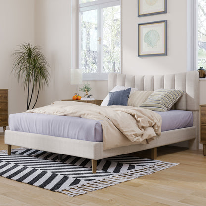 Upholstered Platform Bed with Channel Headboard Cream