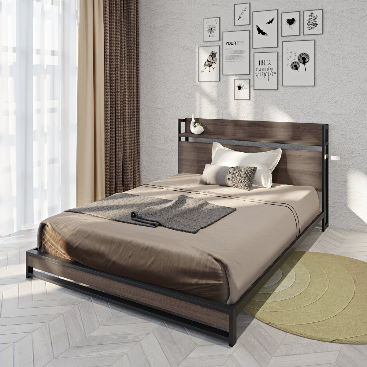 Platform Queen Bed with Storage and Support Frame