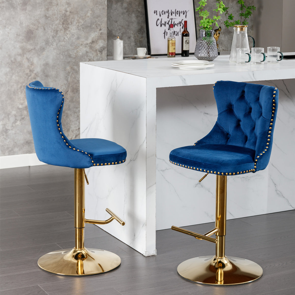 Modern Bar Stools Set of 2 Blue White