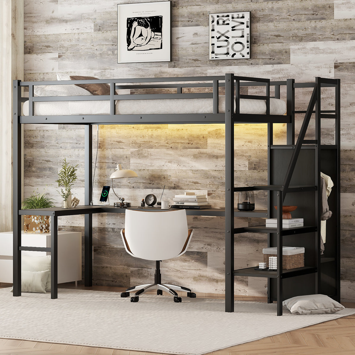 Loft Bed with USB and Adjustable Shelf Black