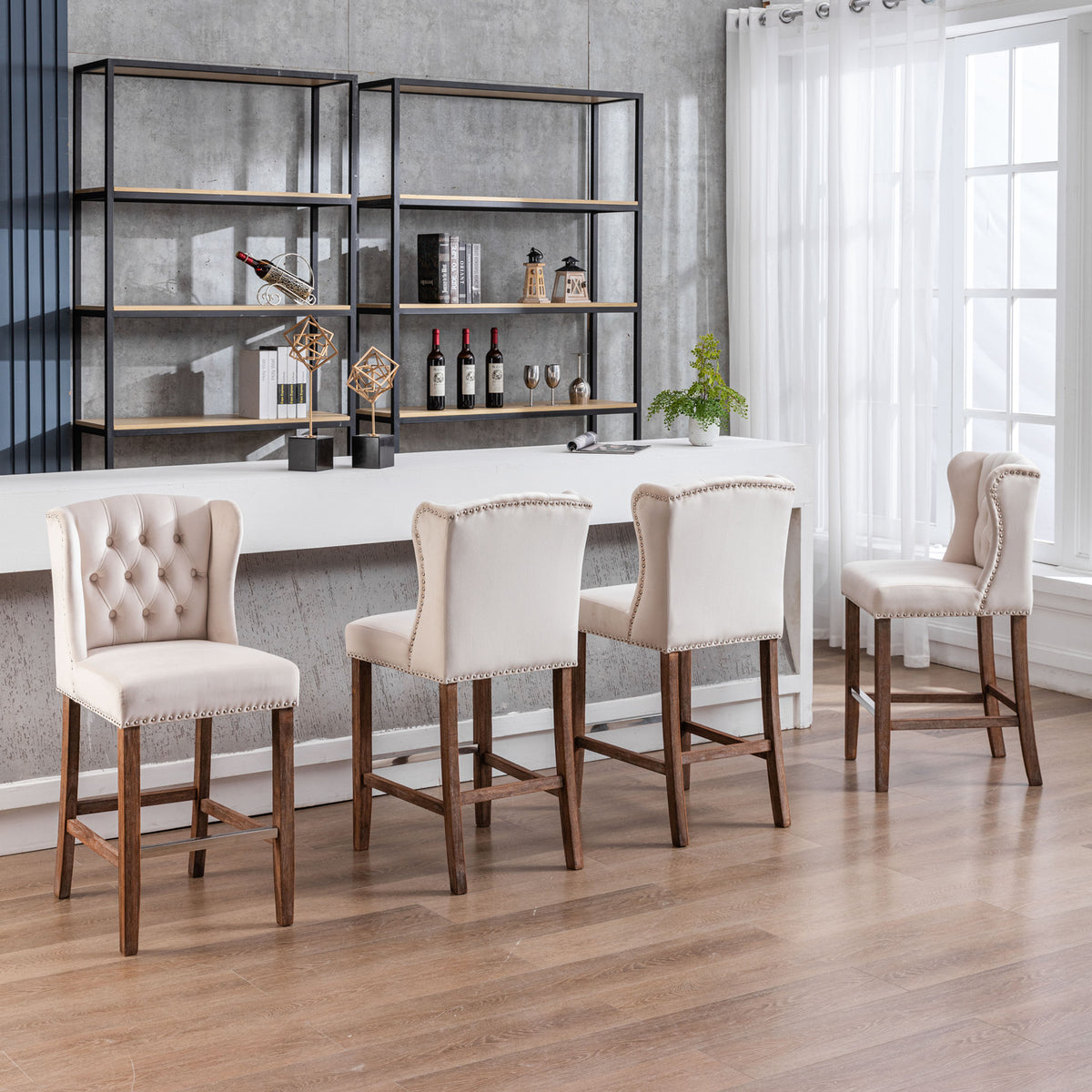 Upholstered Counter Bar Stools Set of 2 Beige