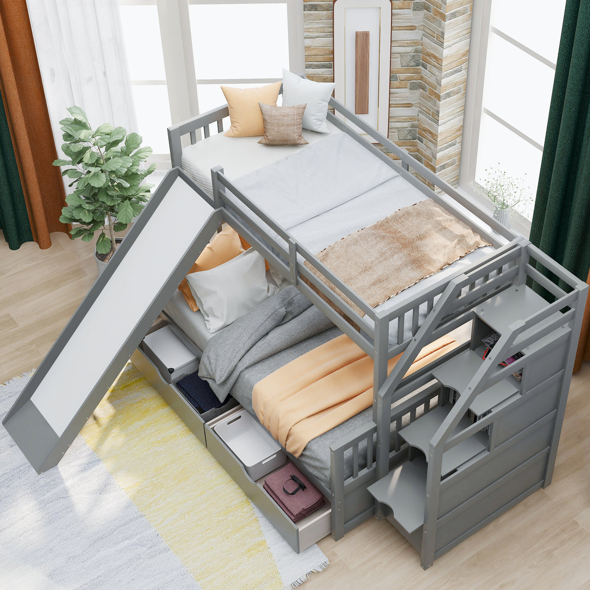 Full Bunk Bed with Drawers Gray