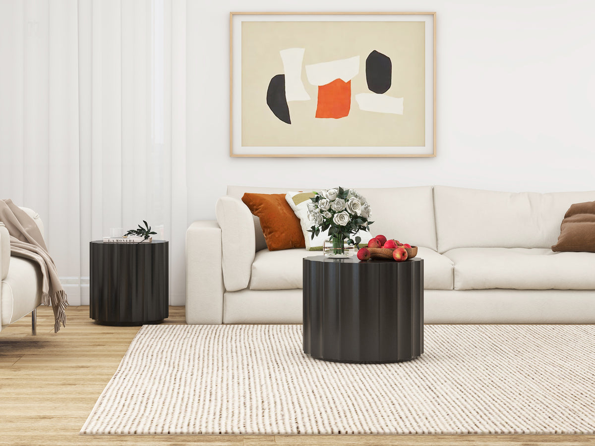 Black 2-Piece Round Nesting Coffee Table Set – Modern MDF with Lacquered Finish