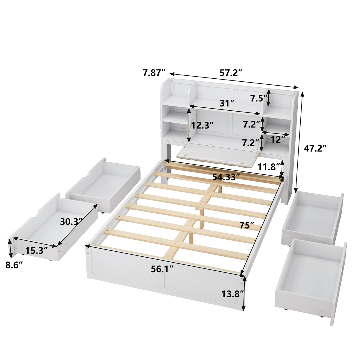 Multi-Functional Full Platform Bed with Drawers White