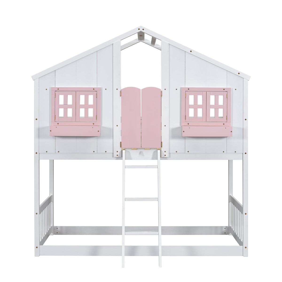Twin House Bunk Bed with Ladder Pink White
