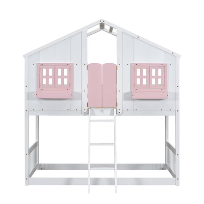 Twin House Bunk Bed with Ladder Pink White