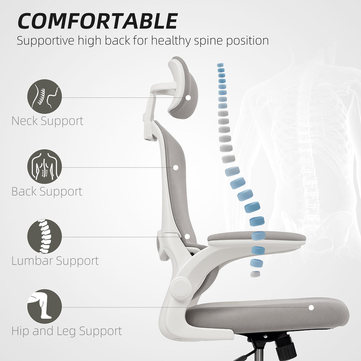 Owen Ergonomic Mesh Office Chair with High Back, Rotatable Headrest, Flip-Up Armrests and Lumbar Support-Grey